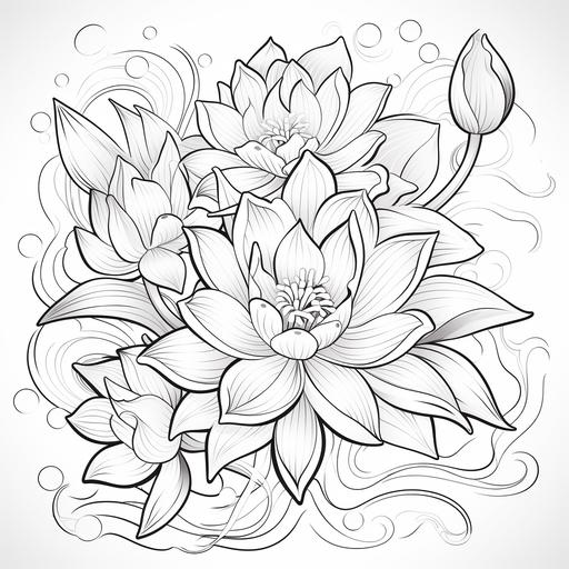 coloring page, flowers, rose, lilly, lotus, feathers, leaves, abstract, cartoon style, thick lines, low detail, no shading ar 9:11