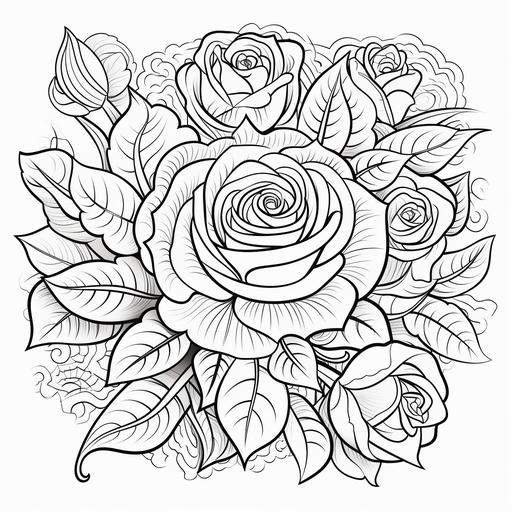 coloring page, flowers, rose, lilly, lotus, feathers, leaves, abstract, cartoon style, thick lines, low detail, no shading ar 9:11