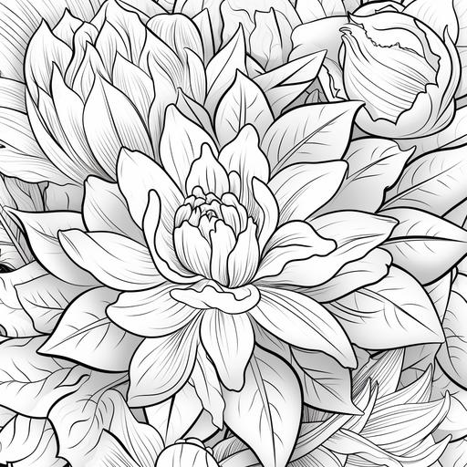 coloring page, flowers, rose, lilly, lotus, feathers, leaves, abstract, cartoon style, thick lines, low detail, no shading ar 9:11