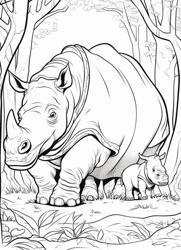 coloring page for 6-10 age kids , young rhinoceros play with papa rhino in African bush, cartoon style , thick lines, low detail, no shading --ar 8:11