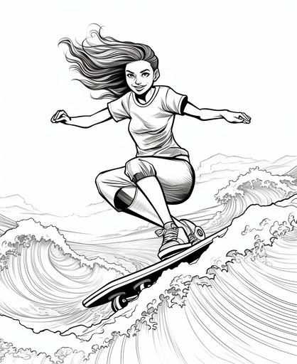 coloring page for adults, Asian teen girl on skateboard riding a Hokusai wave, short spikey hair, jorts, no color, black and white, thick lines, low detail, no shading, --ar 9:11 --v 5.2
