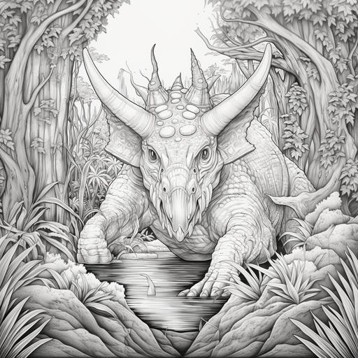 coloring page for adults, The Cretaceous Era of Dinosaurs, Triceratops , --no color, shades, on a clean white transparent background