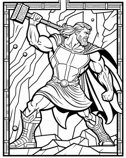 coloring page for adults, Thor with Thor's hammer , cartoon style,medium detail, black and white only, no shading, thick lines, --ar 9:11