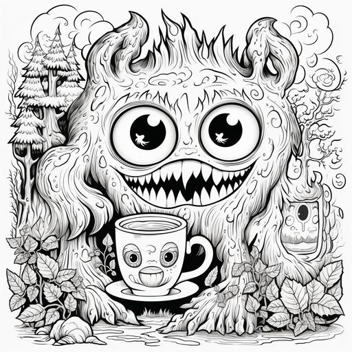 coloring page for adults, a monster is holding a cup of coffee in the tall tree forrests of Tasmania Australia, the monster has big eyes and big teeth and is smiling, the vapours from the coffee mug are prominent, pyschedelic, weird--1000