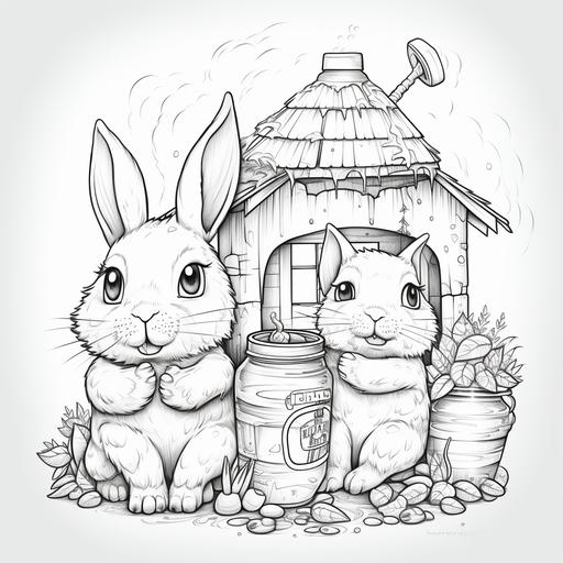 coloring page for adults, bunnies living in a soda can home, cartoon style, thick lines, hand drawn, low detail, no shade