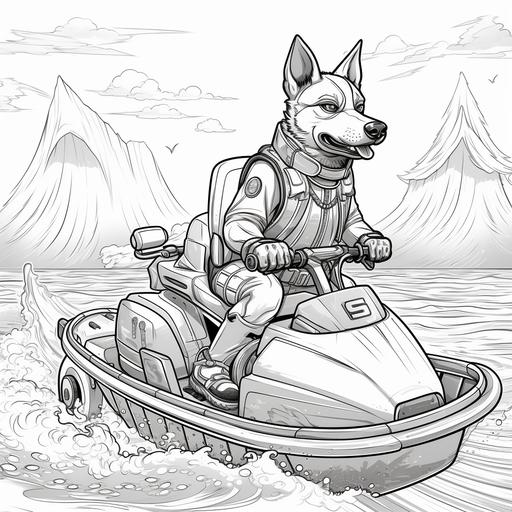 coloring page for adults, cartoon style, German Shepherd sitting on a jet ski, thick lines, black and white, low detail,--ar9:11
