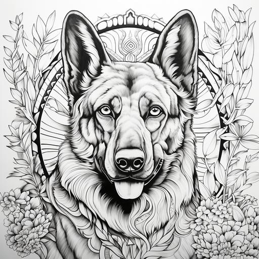 coloring page for adults, cartoon style, German Shepherd birthday, thick lines, low detail, black and white, some shading--ar9:11