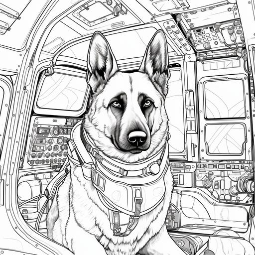 coloring page for adults, cartoon style, German Shepherd in a military helicopter, thick lines, high detail, black and white,--ar9:11
