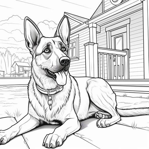 coloring page for adults, cartoon style, German Shepherd chewing on a bone in the house, thick lines, low detail, black and white, no shading,--ar9:11