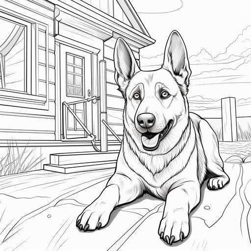 coloring page for adults, cartoon style, German Shepherd chewing on a bone in the house, thick lines, low detail, black and white, no shading,--ar9:11