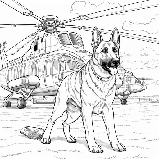 coloring page for adults, cartoon style, German Shepherd in a military helicopter, thick lines, high detail, black and white,--ar9:11