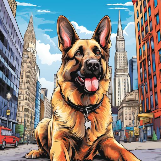 coloring page for adults, cartoon style, German Shepherd in New York City, thick lines, full color, no shading,--ar9:11