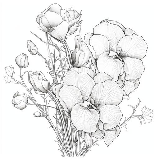 coloring page for adults, flower image Sweet Pea, white background, clean line art, fine line art--HD--AR 2:3--V5