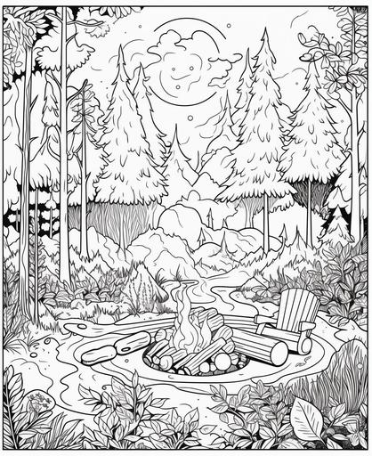 coloring page for adults, landscape, Forest with a campfire , cartoon style, thick lines, low details, no shading, --ar 9:11 --v 5 --v 5