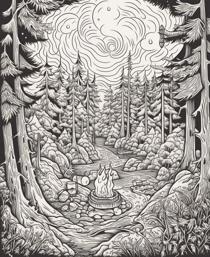 coloring page for adults, landscape, Forest with a campfire , cartoon style, thick lines, low details, no shading, --ar 9:11 --v 5 --v 5