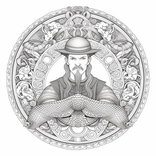 coloring page for adults, mandala, snake in clothes image, white background, clean line art, fine line art--HD--AR 2:3