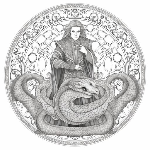 coloring page for adults, mandala, snake in clothes image, white background, clean line art, fine line art--HD--AR 2:3
