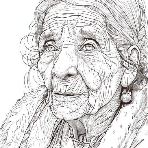 coloring page for adults, old woman, wrinkles, with wires in her hair, earrings, dog
