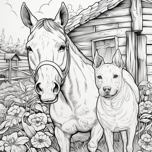 coloring page for adults, pocket pitbull smiling next to a horse on a farm, thick lines, black and white, low detail, no shading,--ar9:11