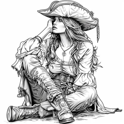 coloring page for adults, woman pirate with leather boots, pirate clothes, hat