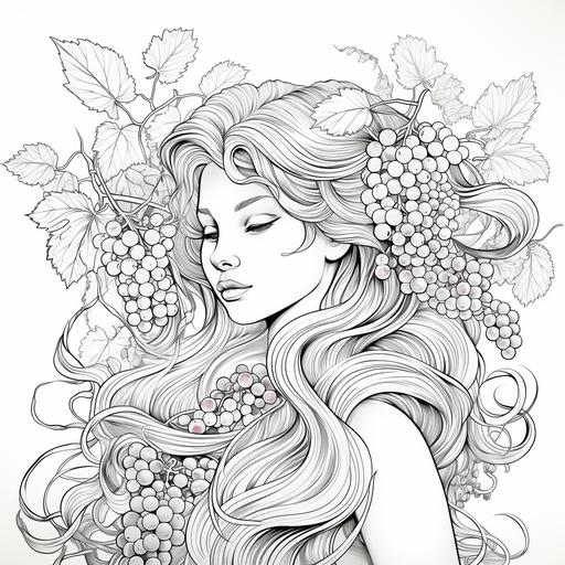 coloring page for adults, woman with wine, grape in hair