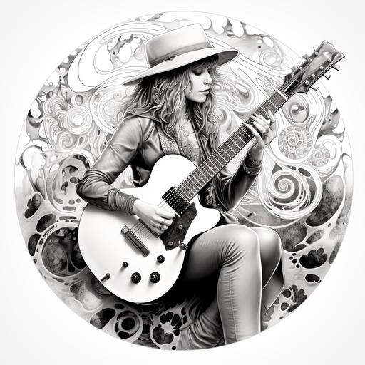 coloring page for adults,Kristen Marie Pfaff of the band holes , photo realistic ,with guitar , crazy rockstar clothes ,mandala ,white background, clean lines art , fine lines art 2:3