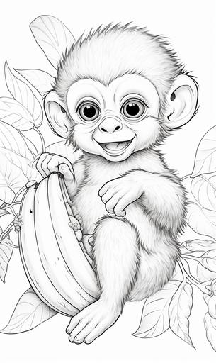 coloring page for adults,a baby monkey carrying a banana in his hand , cartoon style, low detail, no shading, no pattern, clear, --ar 3:5 --v 5.2