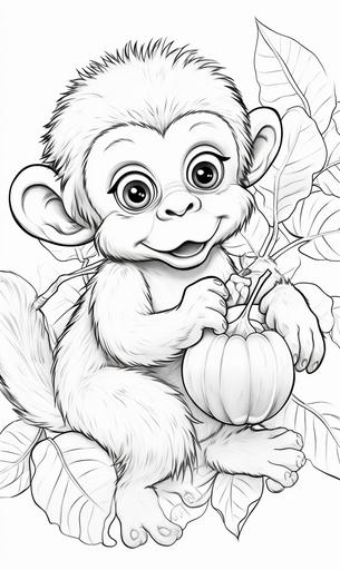 coloring page for adults,a baby monkey carrying a banana in his hand , cartoon style, low detail, no shading, no pattern, clear, --ar 3:5 --v 5.2