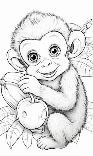 coloring page for adults,a baby monkey carrying a banana in his hand , cartoon style, low detail, no shading, no pattern, clear, --ar 3:5 --v 5.2