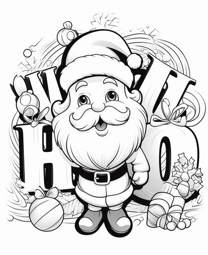 coloring page for children, black and white, ho ho ho merry christmas words, cartoon style, thick lines, low detail, no shading, outlines only --ar 9:11