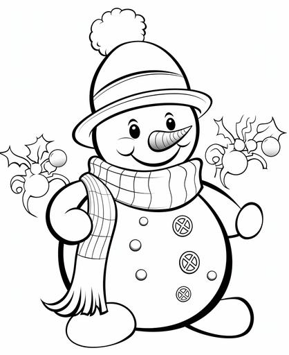 coloring page for children, black and white, snowman, cartoon style, thick lines, low detail, no shading, outlines only --ar 9:11