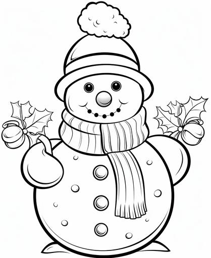 coloring page for children, black and white, snowman, cartoon style, thick lines, low detail, no shading, outlines only --ar 9:11