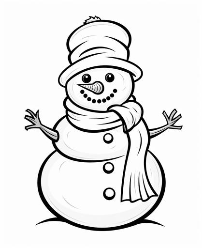 coloring page for children, black and white, snowman, cartoon style, thick lines, low detail, no shading, outlines only --ar 9:11