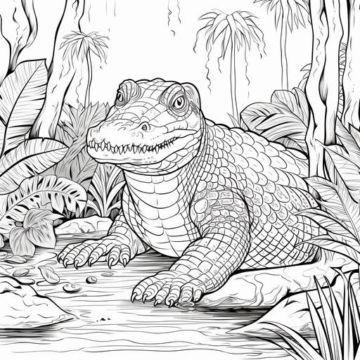 coloring page for children, crocodile in the jungle, river, monkey in a tree, thick lines, low detail, no shading--ar 9:11