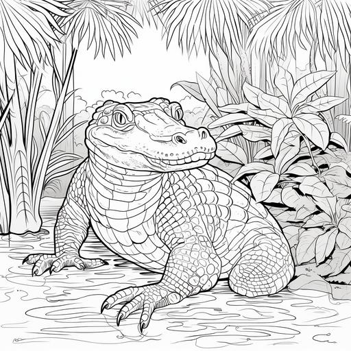 coloring page for children, crocodile in the jungle, river, monkey in a tree, thick lines, low detail, no shading--ar 9:11
