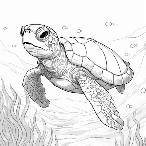 coloring page for children, thick lines, black and white, no shading, low detail, sea turtle, ocean, cute sea turtle, cool sea turtle, baby sea turtle