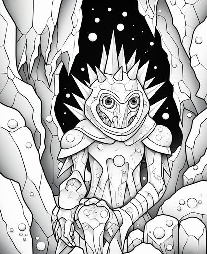 coloring page for kds, An alien with crystalline skin protecting a cave of glittering crystals. , cartoon style,thick lines, low detail, no shading, no colors except black for the outline, white fill, only use an external outline, clean background, simple image, low detail --ar 9:11