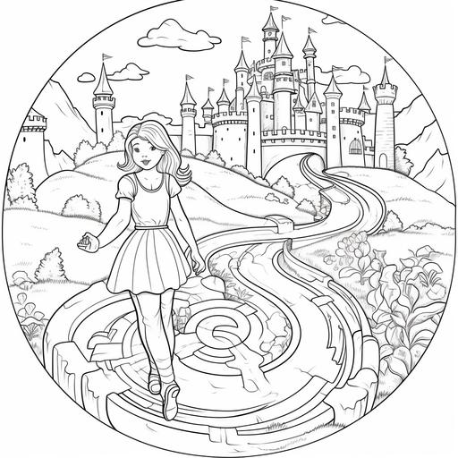 coloring page for kid, princess in the middle of a journey, walking on a winding path towards a castle in the distance. She could be carrying a simple map or a compass, cartoon style, thick lines, color detail, no shadow