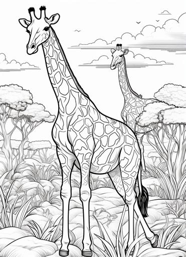 coloring page for kids , Giraffas in African bush, cartoon style , thick lines, low detail, no shading --ar 8:11