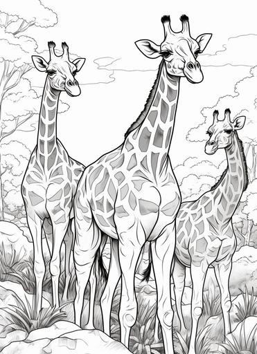 coloring page for kids , Giraffas in African bush, cartoon style , thick lines, low detail, no shading --ar 8:11