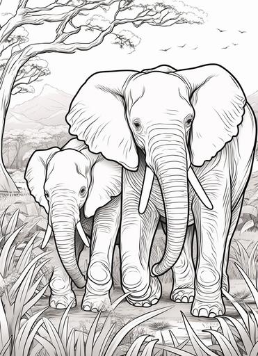 coloring page for kids , elephants in African bush, cartoon style , thick lines, low detail, no shading --ar 8:11