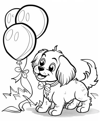 coloring page for kids, , funny, Party Puppy, Cocker Spaniel cartoon style,wiith balloons, thick line, low detail, no shading --ar 9:11