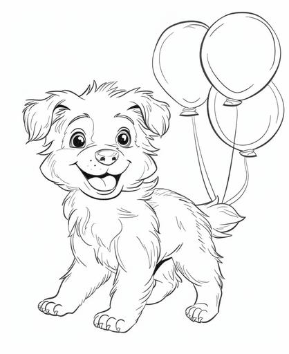 coloring page for kids, , funny, Party Puppy, Draw a puppy American Border Collie cartoon style,wiith balloons, thick line, low detail, no shading --ar 9:11