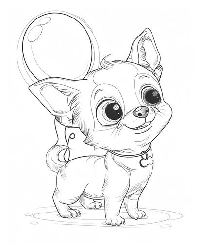 coloring page for kids, , funny, Party Puppy, Draw a puppy American Chihuahua cartoon style,wiith balloons, thick line, low detail, no shading --ar 9:11