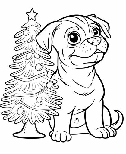 coloring page for kids, , funny, draw a mischievous puppy, a puppy with a Christmas tree American Rottweiler cartoon style, thick line, low detail, no shading --ar 9:11