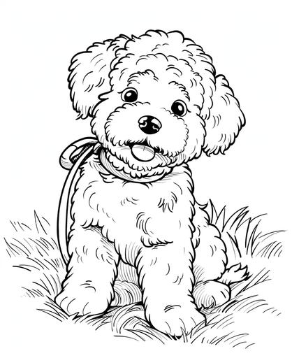 coloring page for kids, , funny, draw a mischievous puppy, American Poodle cartoon style, thick line, low detail, no shading --ar 9:11