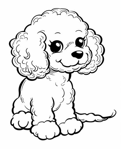 coloring page for kids, , funny, draw a mischievous puppy, American Poodle cartoon style, thick line, low detail, no shading --ar 9:11