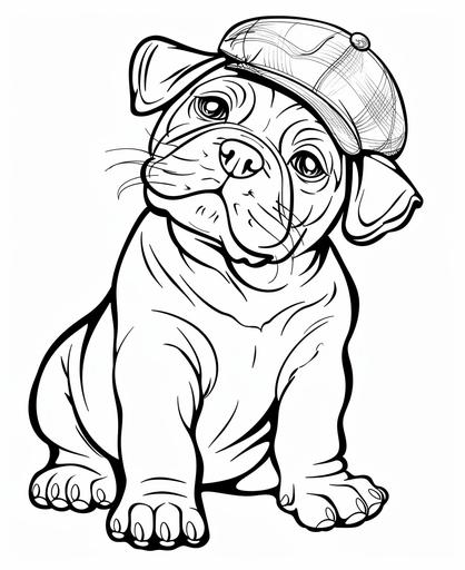 coloring page for kids, , funny, wear hat, draw a mischievous puppy, American Bulldog cartoon style, thick line, low detail, no shading --ar 9:11