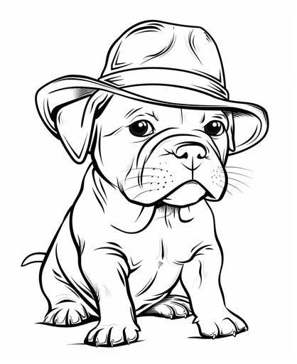 coloring page for kids, , funny, wear hat, draw a mischievous puppy, American Bulldog cartoon style, thick line, low detail, no shading --ar 9:11