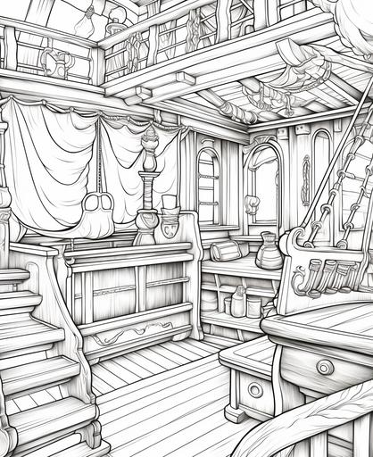 coloring page for kids , inside of a pirate ship,cartoon style, thick lines, low detail, no shading --ar 9:11